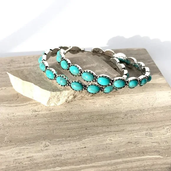 NEW ~ Free People Turquoise Stone "Buckaroo Hoops" Silver Earrings - Picture 11 of 16